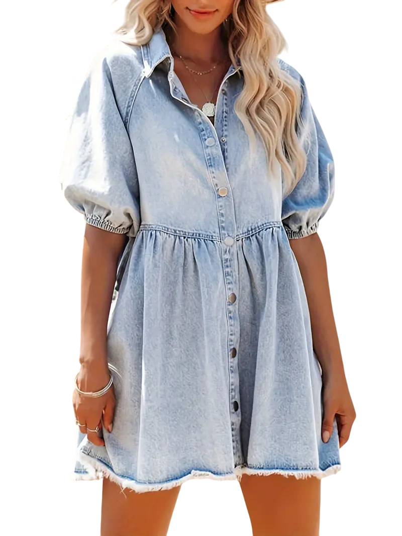 Darina - Stylish Cotton Denim Mini Dress with Puff Sleeves