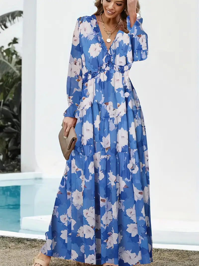 Alison - Elegant Floral Maxi Dress with V-neck and Long Sleeves