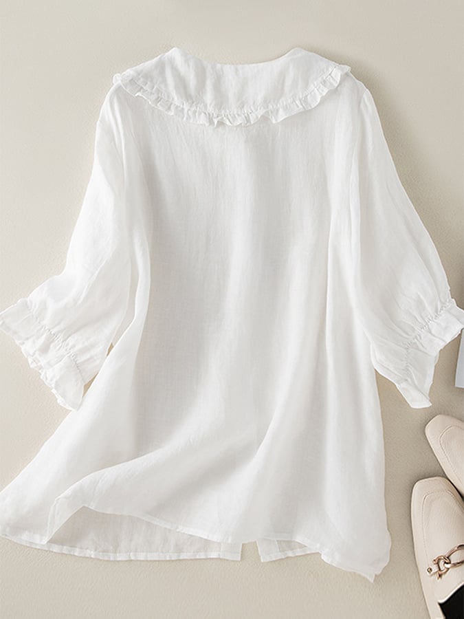 Clover- Stylish Women's Cotton Linen Loose Shirt with Peter Pan Ruffles