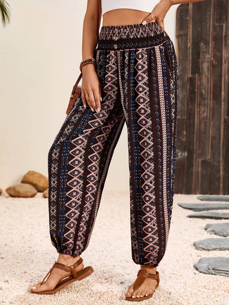 Carra - Stylish Women's Trousers with Gathered Waist and Tribal Print