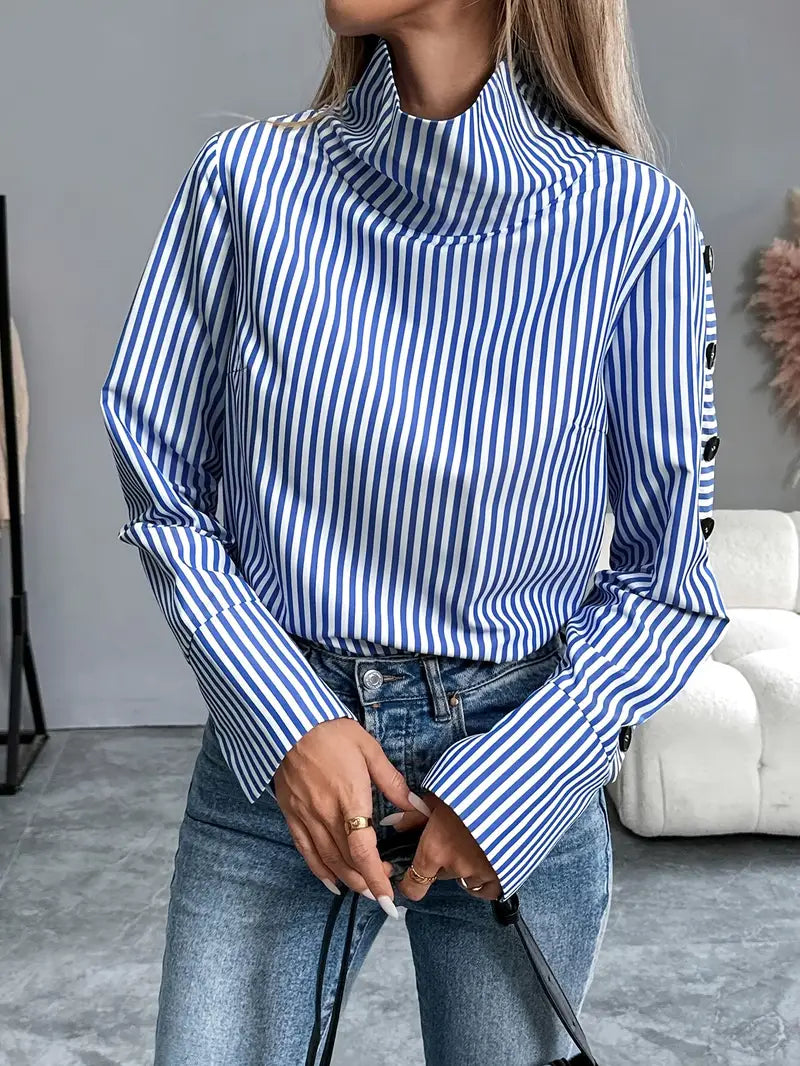 Kathleen - Stylish Striped Blouse with High Collar and Button Cuffs
