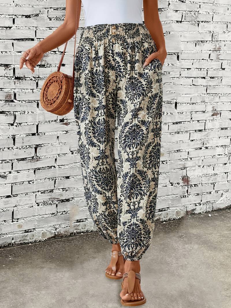 Carra - Stylish Women's Trousers with Gathered Waist and Tribal Print
