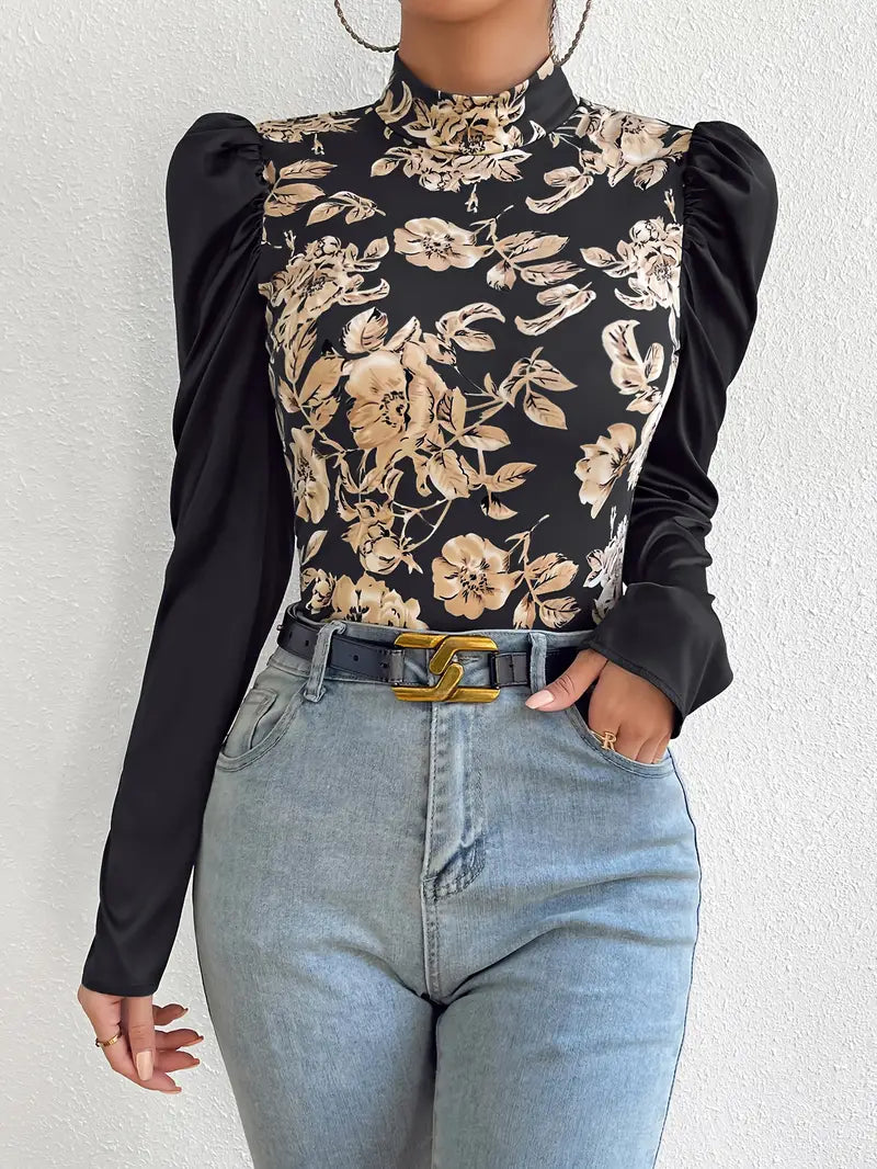 Uma - Elegant Floral Satin Top with Puff Sleeves and High Neckline