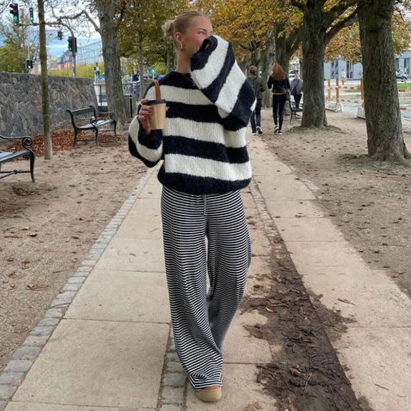 Orlaith - Relaxed Striped Cotton Trousers with Elastic Waistband