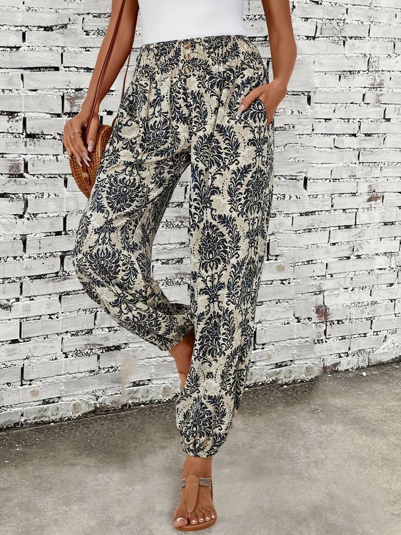 Carra - Stylish Women's Trousers with Gathered Waist and Tribal Print