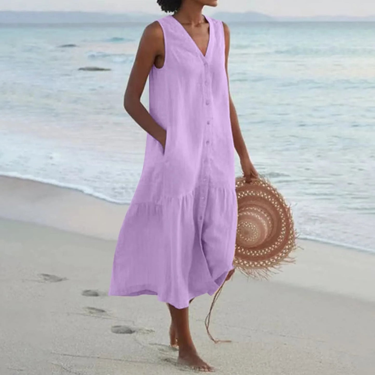 Sabine - Stylish Premium V-neck Dress with Pockets and Flowy Design