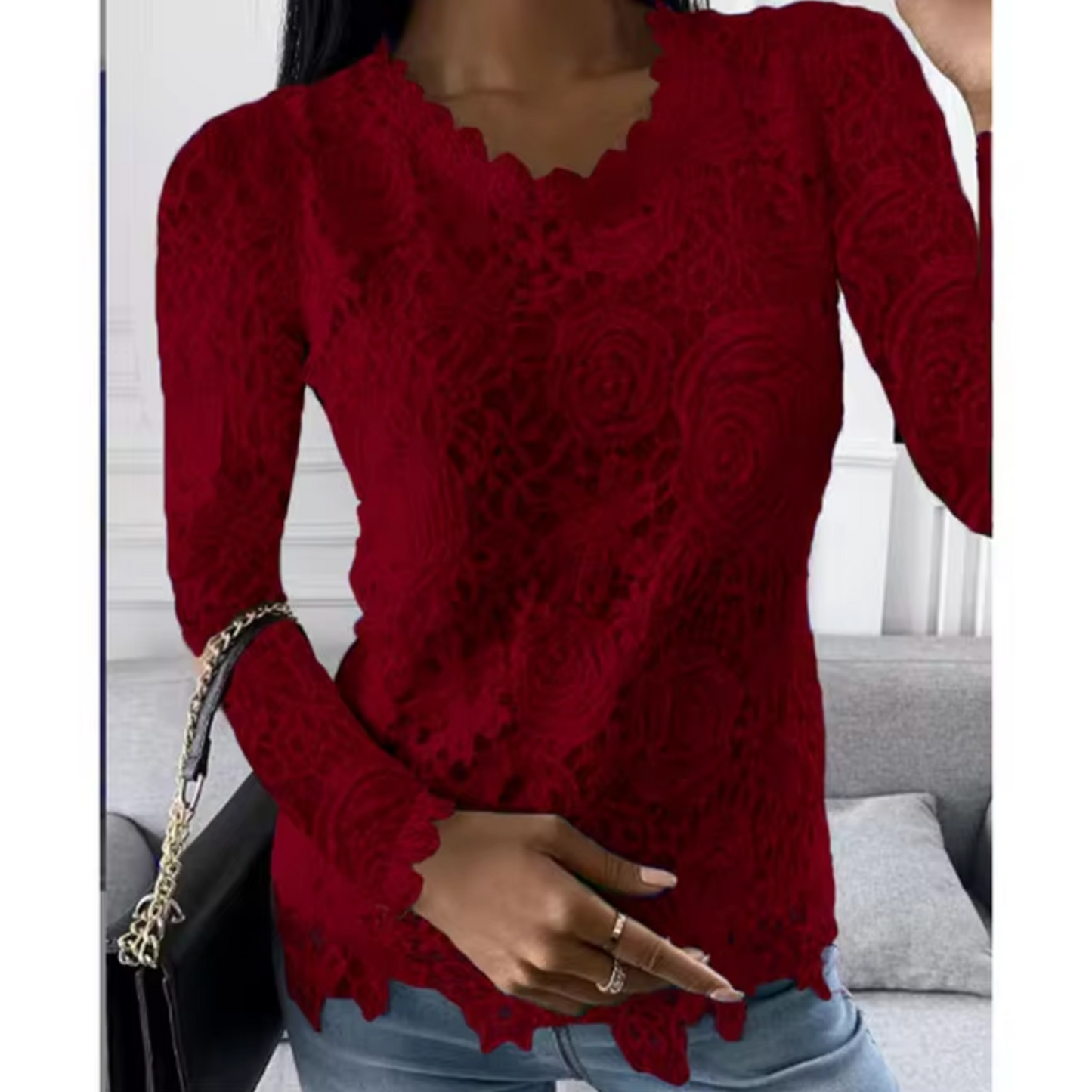 Juniper - Elegant Lace Top with Floral Pattern and Scalloped Edges