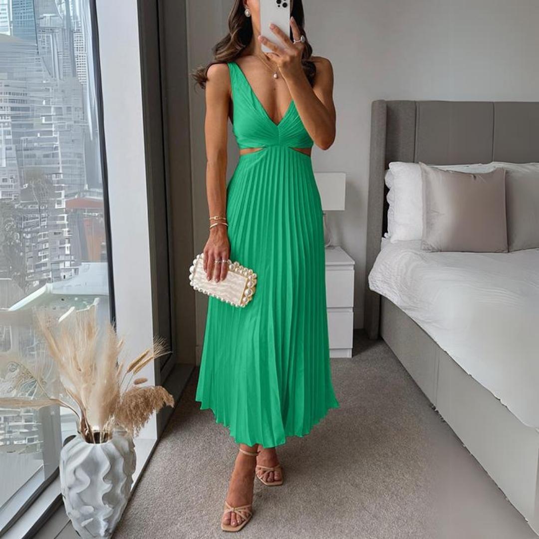 Imogene - Stylish Women's Midi Dress with Sleeveless V-neck and Pleated Skirt
