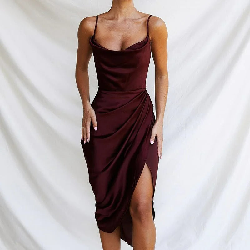 Linley - Stylish Satin Dress with Flounces and Narrow Straps