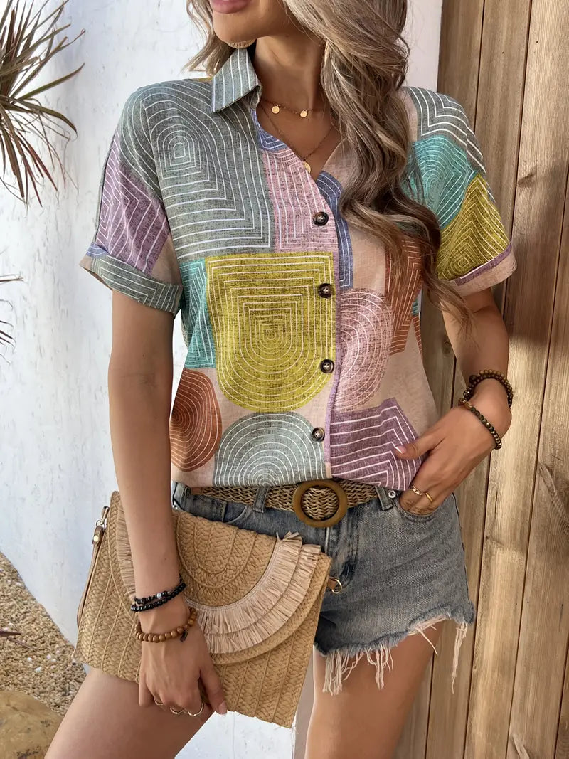 Deborah - Stylish Multicolored Blouse with Geometric Print and Button-Front Closure