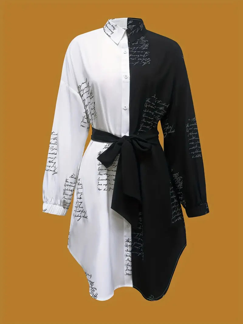 Cassandra - Artistic Black and White Button-Front Dress with Unique Lettering Print