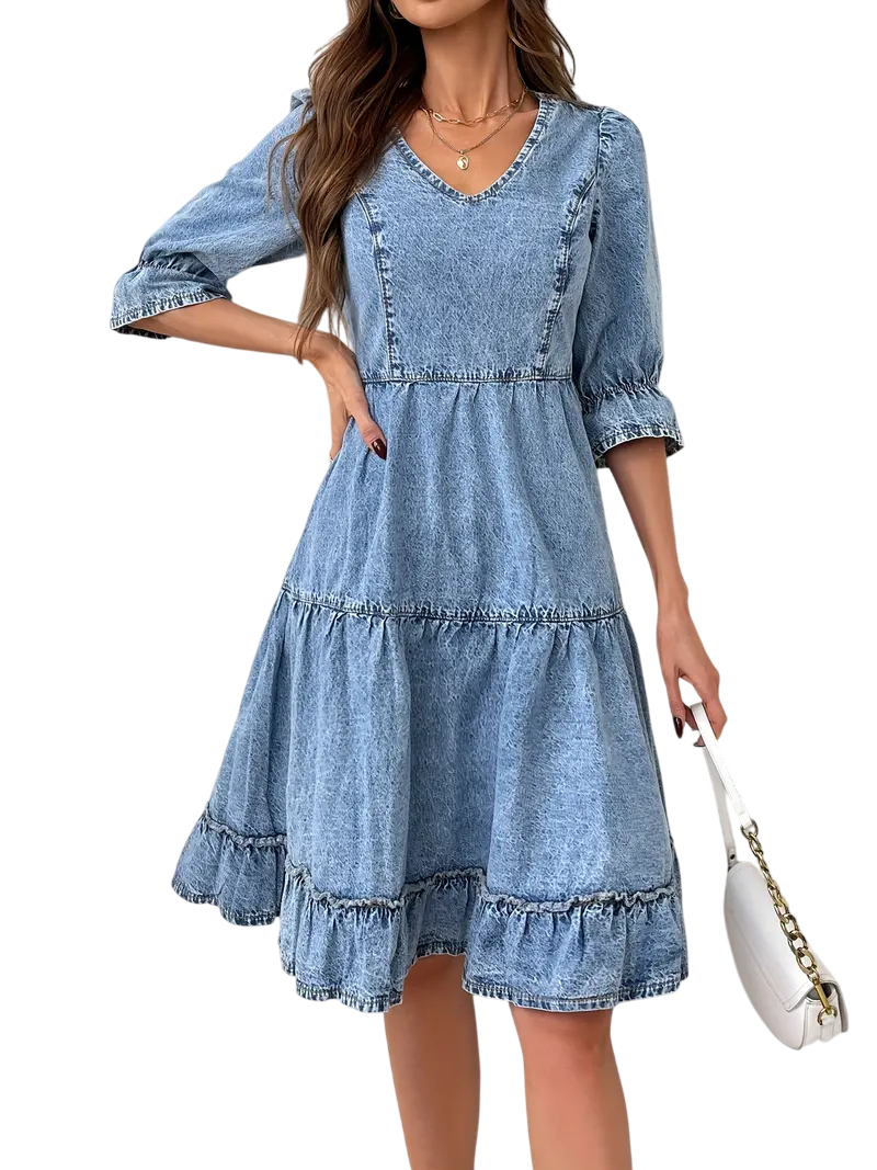 Leocadia - Stylish Casual Denim Dress with V-neck and Tiered Ruffles