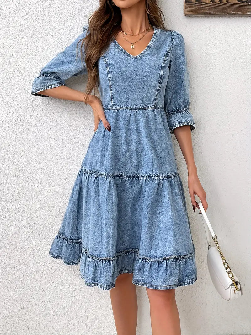 Leocadia - Stylish Casual Denim Dress with V-neck and Tiered Ruffles