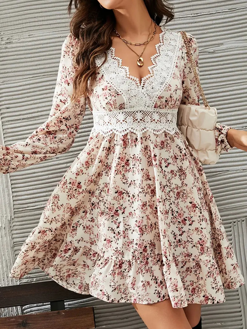 Cara - Boho Floral Dress with Deep V-neck and Lace Details