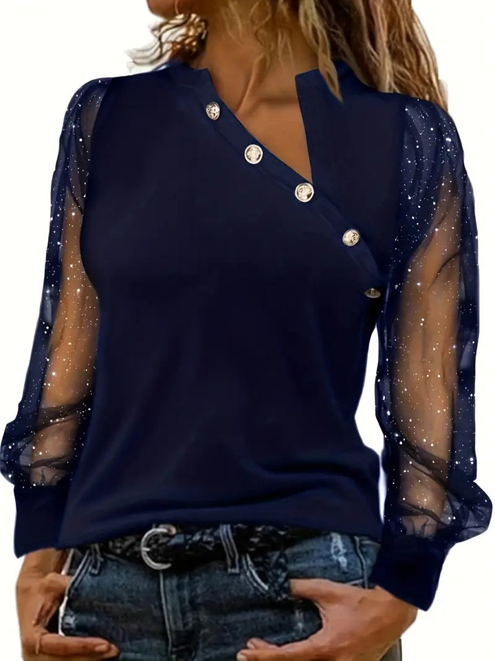 Estel - Asymmetric Neckline Blouse with Mesh Sleeves and Elegant Design