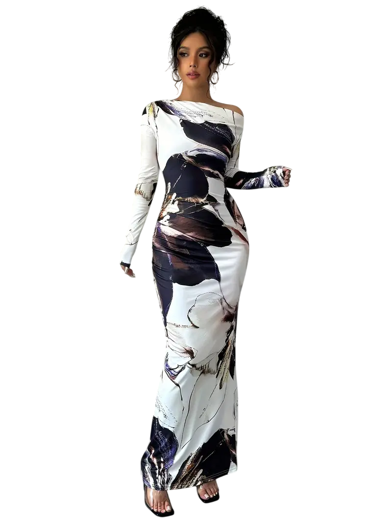 Yasmin - Elegant Long-Sleeved Maxi Dress with Abstract Print