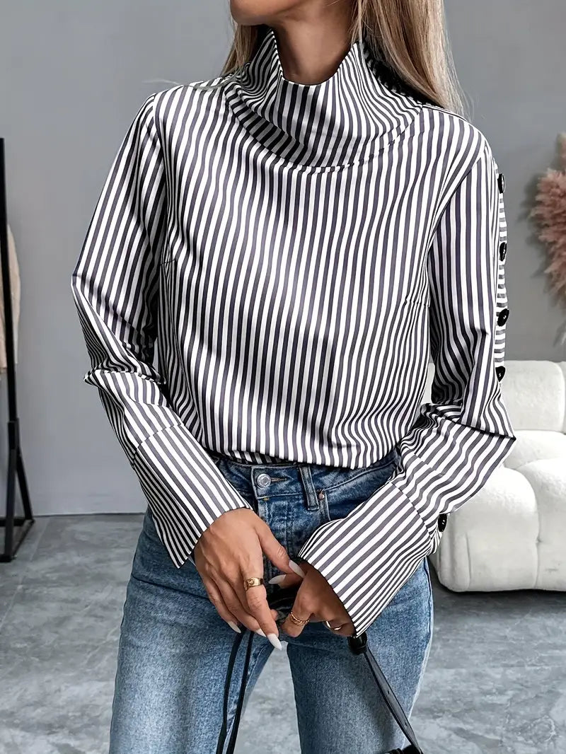 Kathleen - Stylish Striped Blouse with High Collar and Button Cuffs