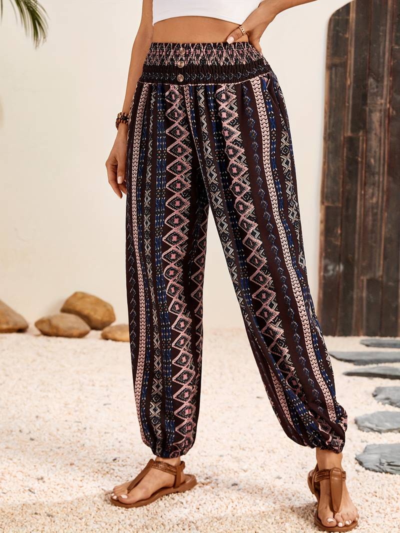 Carra - Stylish Women's Trousers with Gathered Waist and Tribal Print
