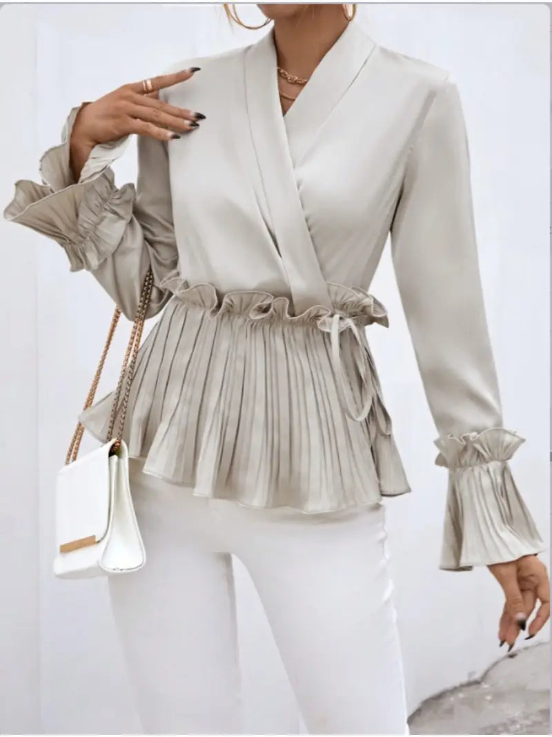 Vesper - Elegant Satin Blouse with Pleated Ruffle Details