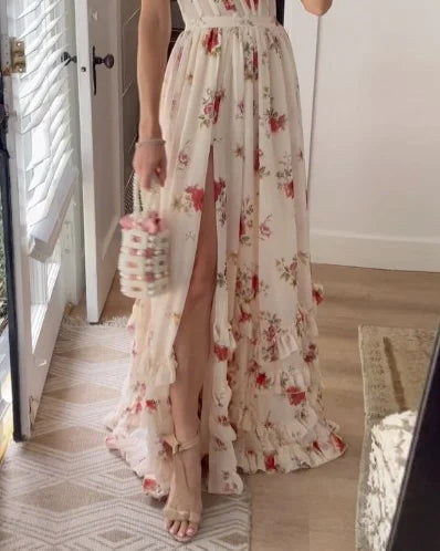 Buffy - Elegant Floral Maxi Dress with Ruffle Details