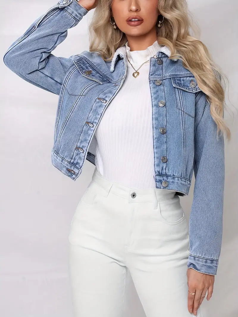 Abigail - Stylish Cropped Cotton Denim Jacket with Faux Fur Collar