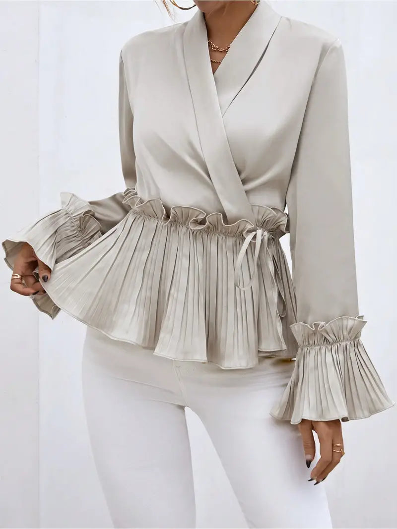 Vesper - Elegant Satin Blouse with Pleated Ruffle Details