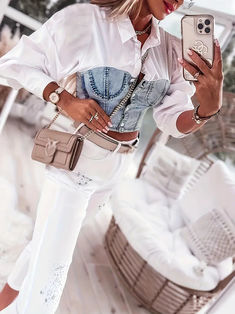 Meliora - Stylish Cotton Button-Down Shirt with Denim Bodice