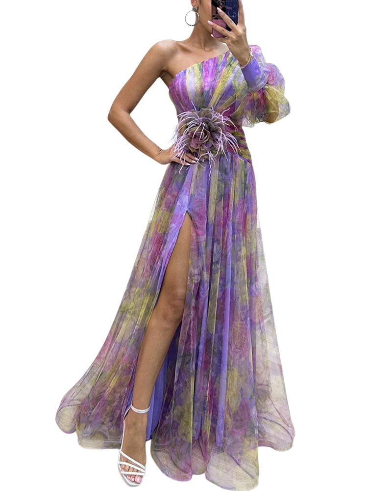 Bettina - Elegant Off-the-Shoulder Party Dress with Floral Print and Flowing Skirt