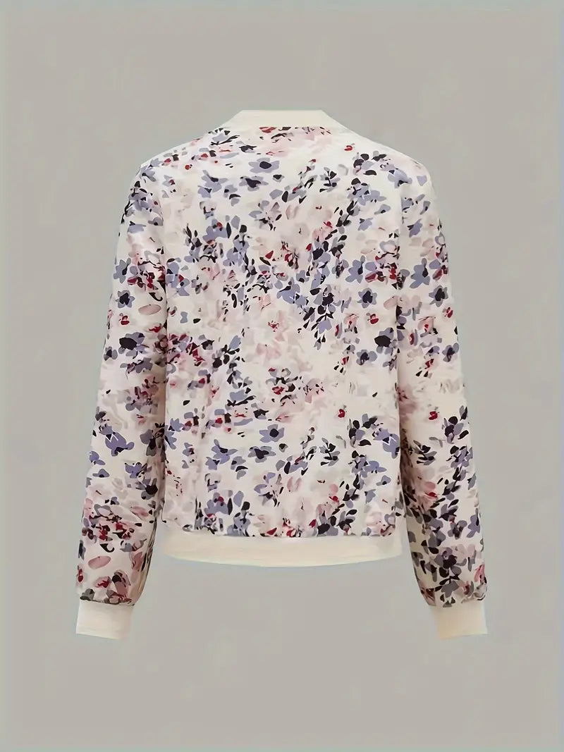 Jayne - Floral Bomber Jacket in Lightweight Cream Fabric