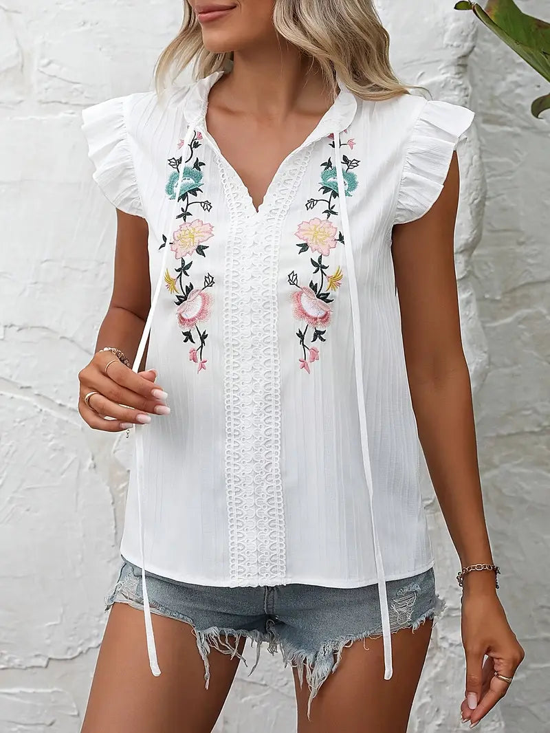 Delilah - Vintage Blouse with Embroidered Ruffle Sleeves and Floral Detail