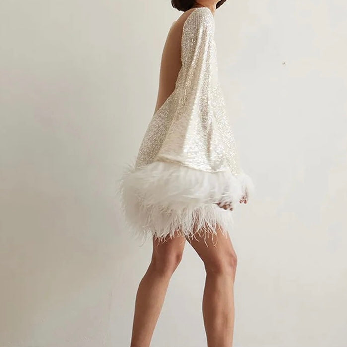 Sophie - Glamorous Evening Dress with Sequins and Feather Hem