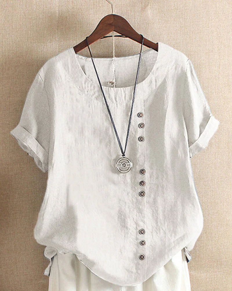 Adriana - Plain Short-Sleeved Blouse with Round Neck and Button Detail