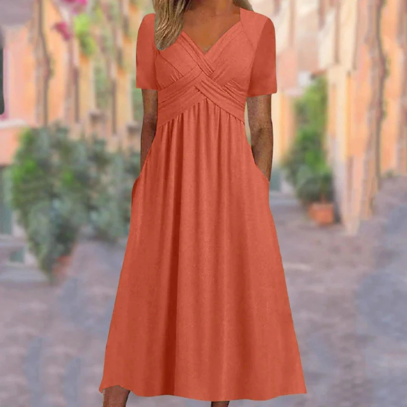Demi - Soft A-Line Midi Dress with V-Neck for Women