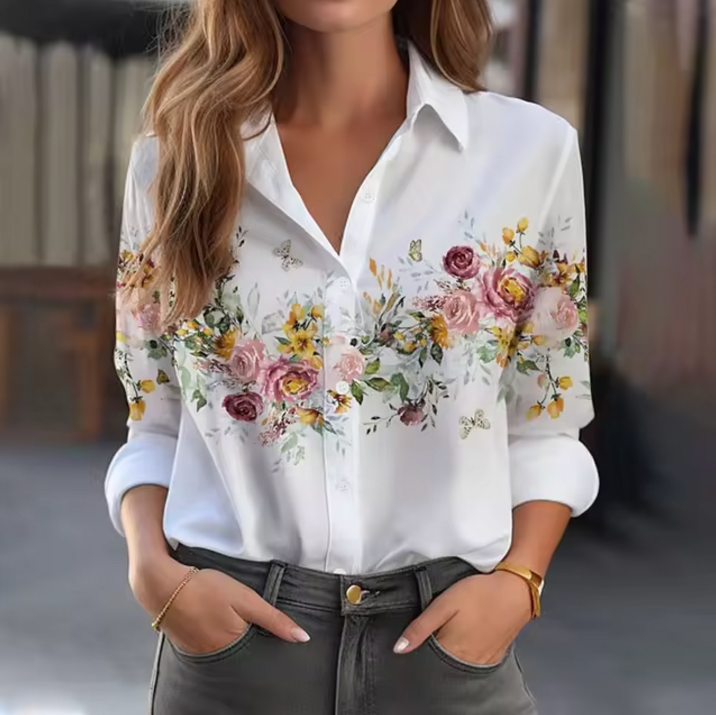Bonnie - Lightweight Floral Print Blouse with Long Sleeves
