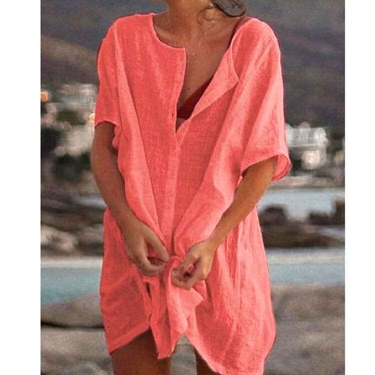 Shauna - Vibrant Pink Linen Tunic Lightweight Beach Coverup