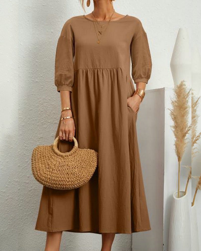 Zafira - Premium Women's Midi Dress with Lantern Sleeves and Round Neck