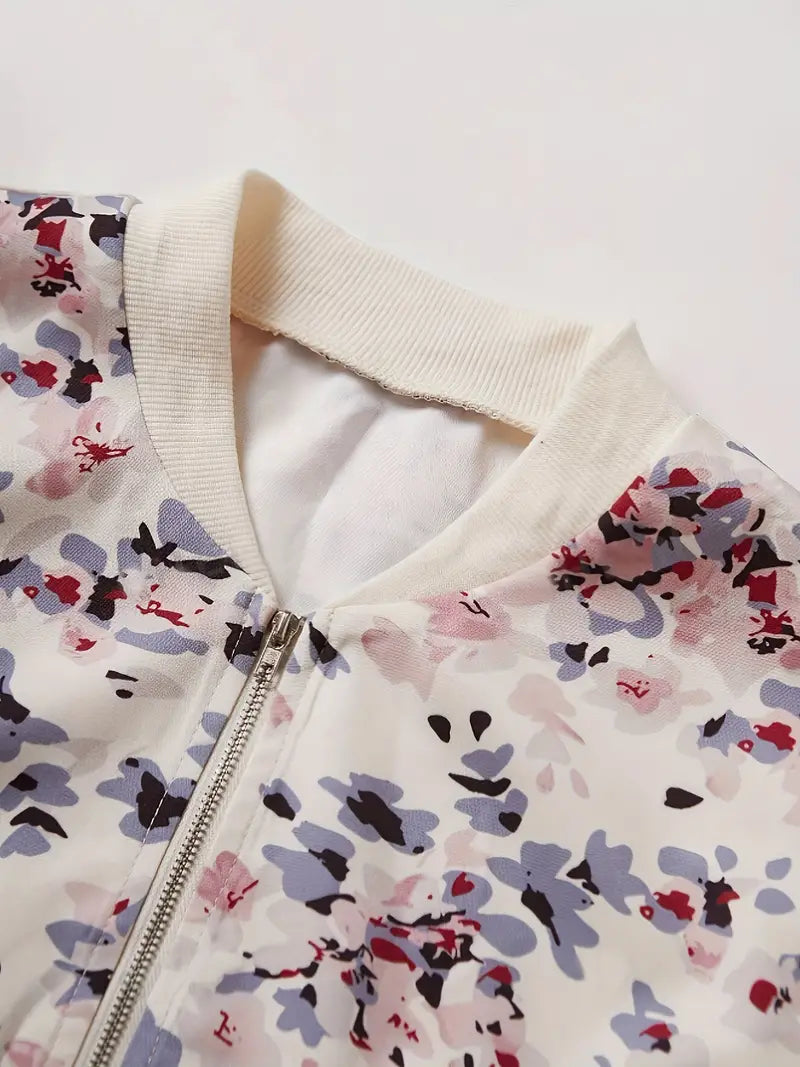 Jayne - Floral Bomber Jacket in Lightweight Cream Fabric