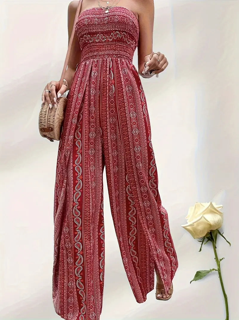 Zella - Bohemian Strapless Wide-Leg Jumpsuit with High Side Slit