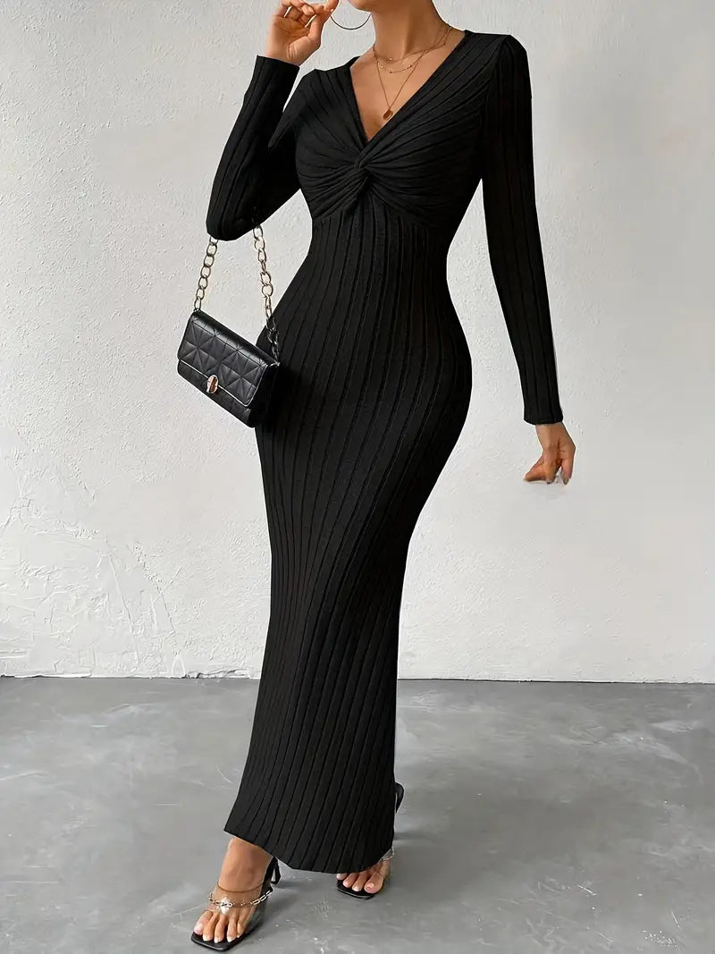 Ottilie - Chic Sexy Knitted Maxi Dress with Twisted Front and Deep V-neck
