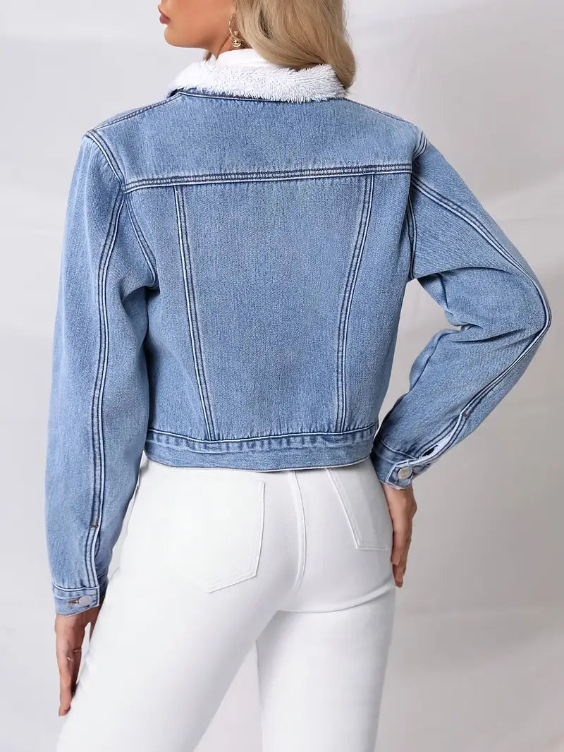 Abigail - Stylish Cropped Cotton Denim Jacket with Faux Fur Collar