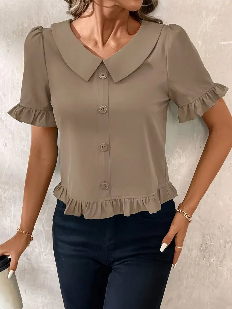 Diana - Elegant Blouse with Ruffle Trim and Button Front