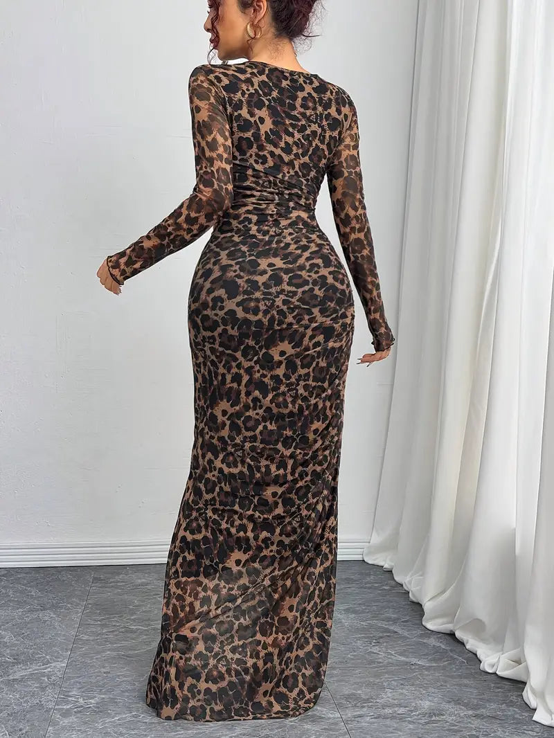 Qiana - Elegant Long-Sleeved Leopard Print Maxi Dress with Ruffled Details