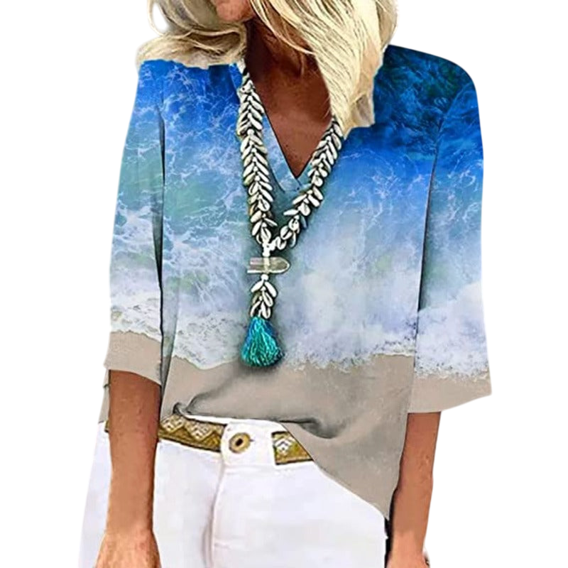 Esther - Stylish Women's Blouse with Sea-Inspired Pattern and V-neck