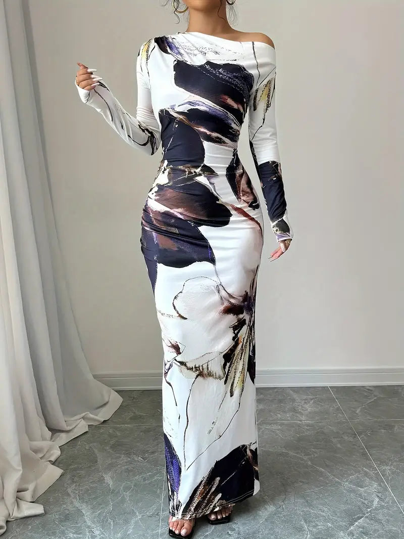 Yasmin - Elegant Long-Sleeved Maxi Dress with Abstract Print