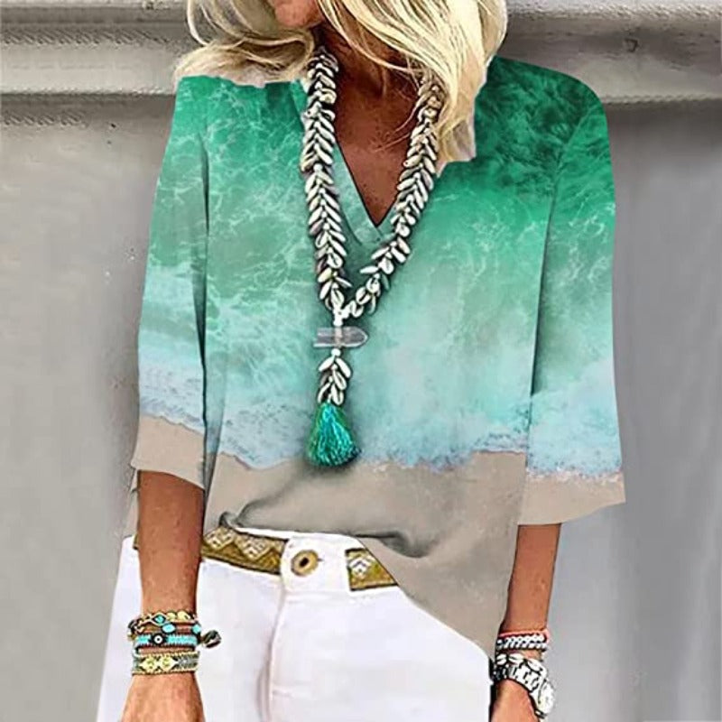 Esther - Stylish Women's Blouse with Sea-Inspired Pattern and V-neck