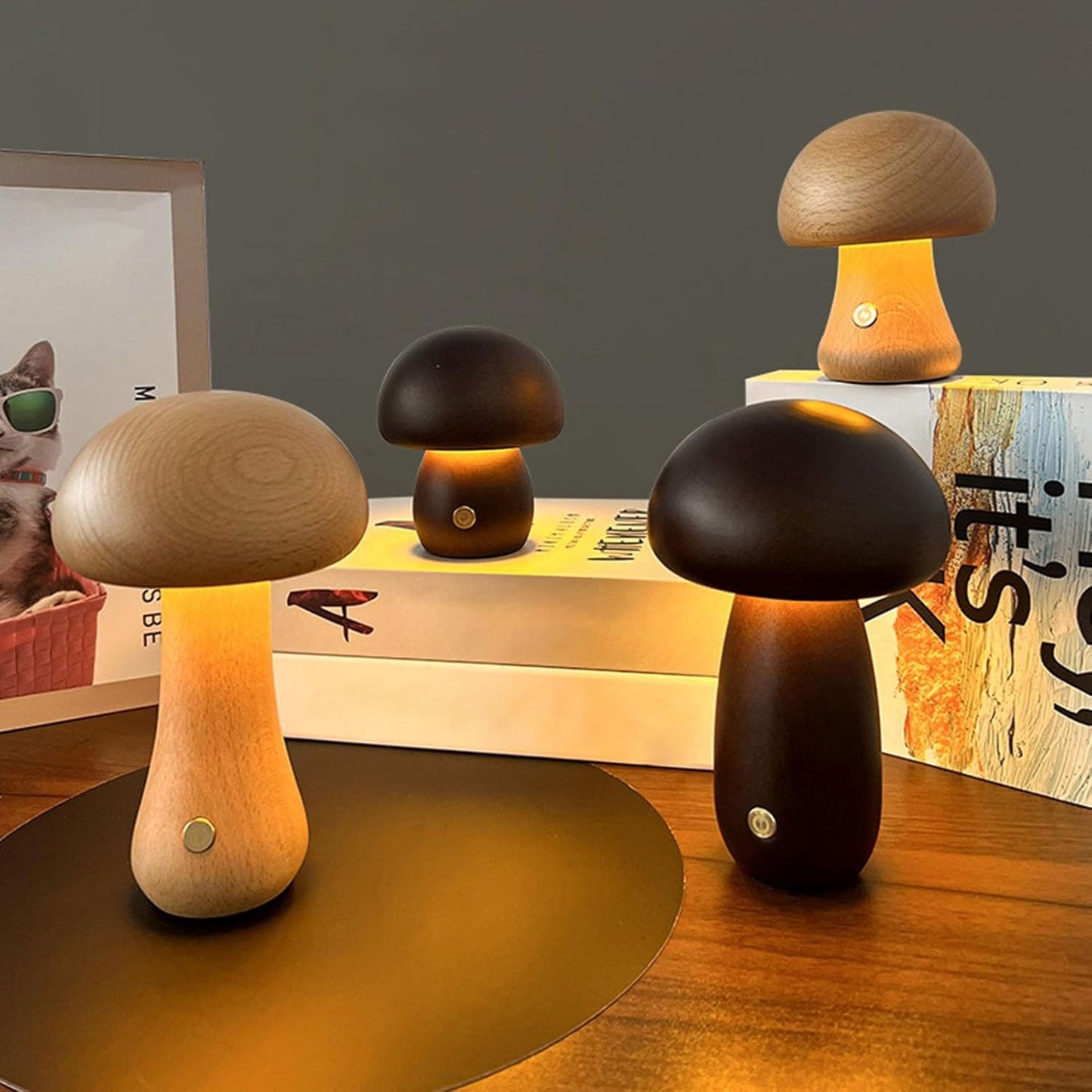 Twilora - Dimmable Wooden LED Mushroom Night Light with USB Charging