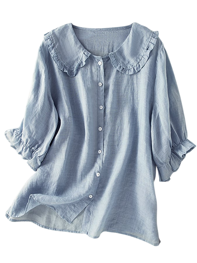 Clover- Stylish Women's Cotton Linen Loose Shirt with Peter Pan Ruffles