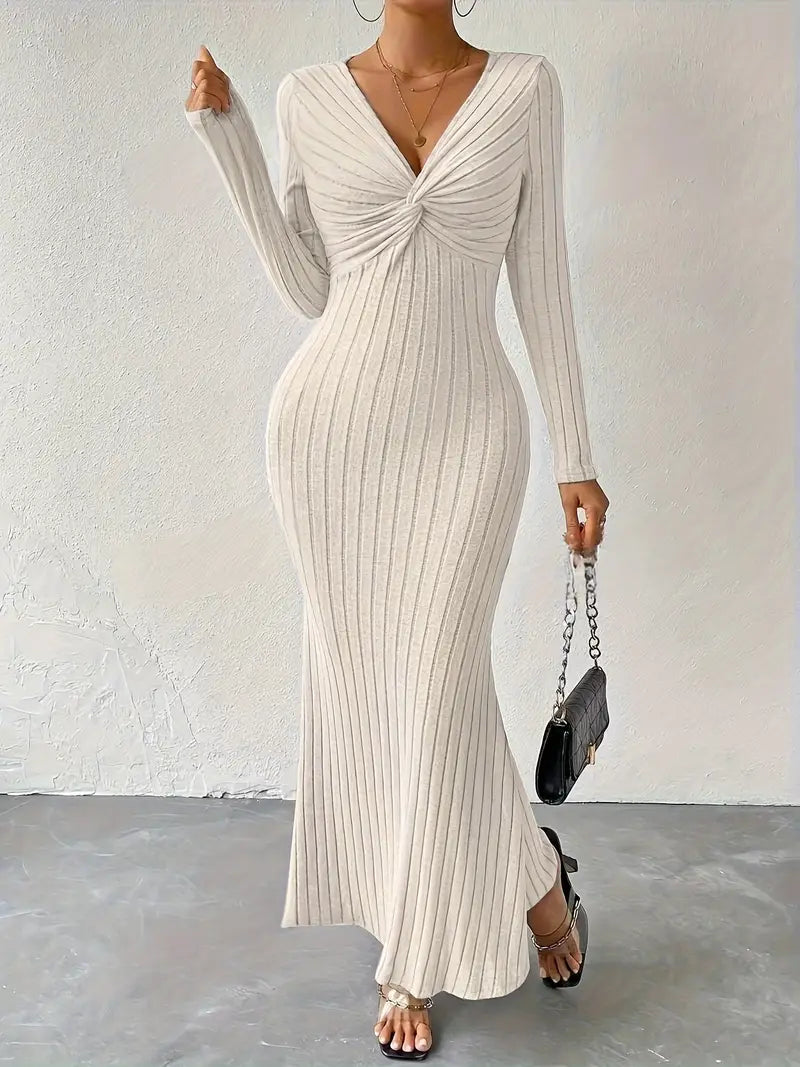 Ottilie - Chic Sexy Knitted Maxi Dress with Twisted Front and Deep V-neck