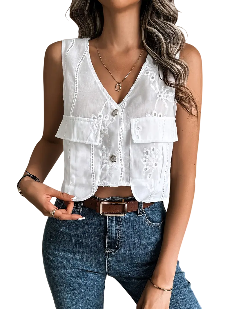 Jacintha - Stylish Cotton Vest with Delicate Embroidery and Functional Pockets