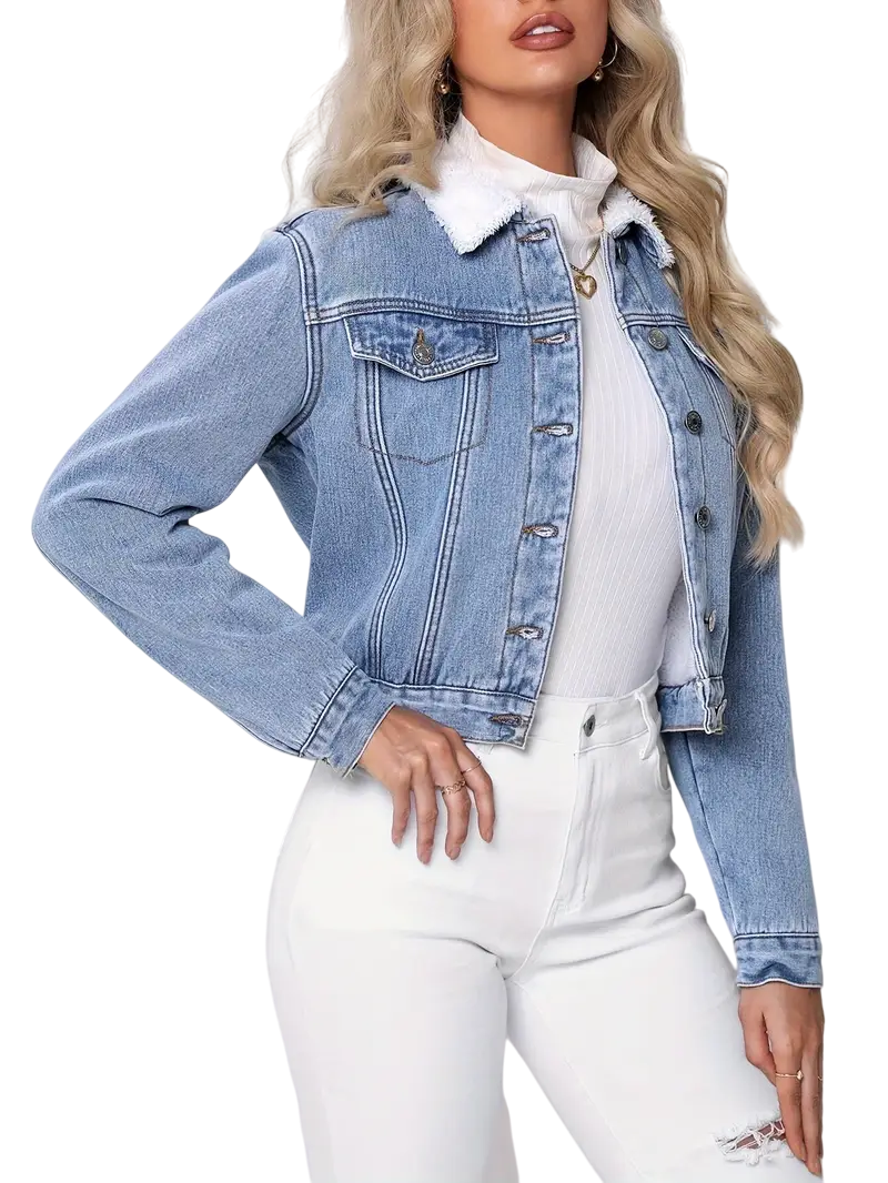 Abigail - Stylish Cropped Cotton Denim Jacket with Faux Fur Collar